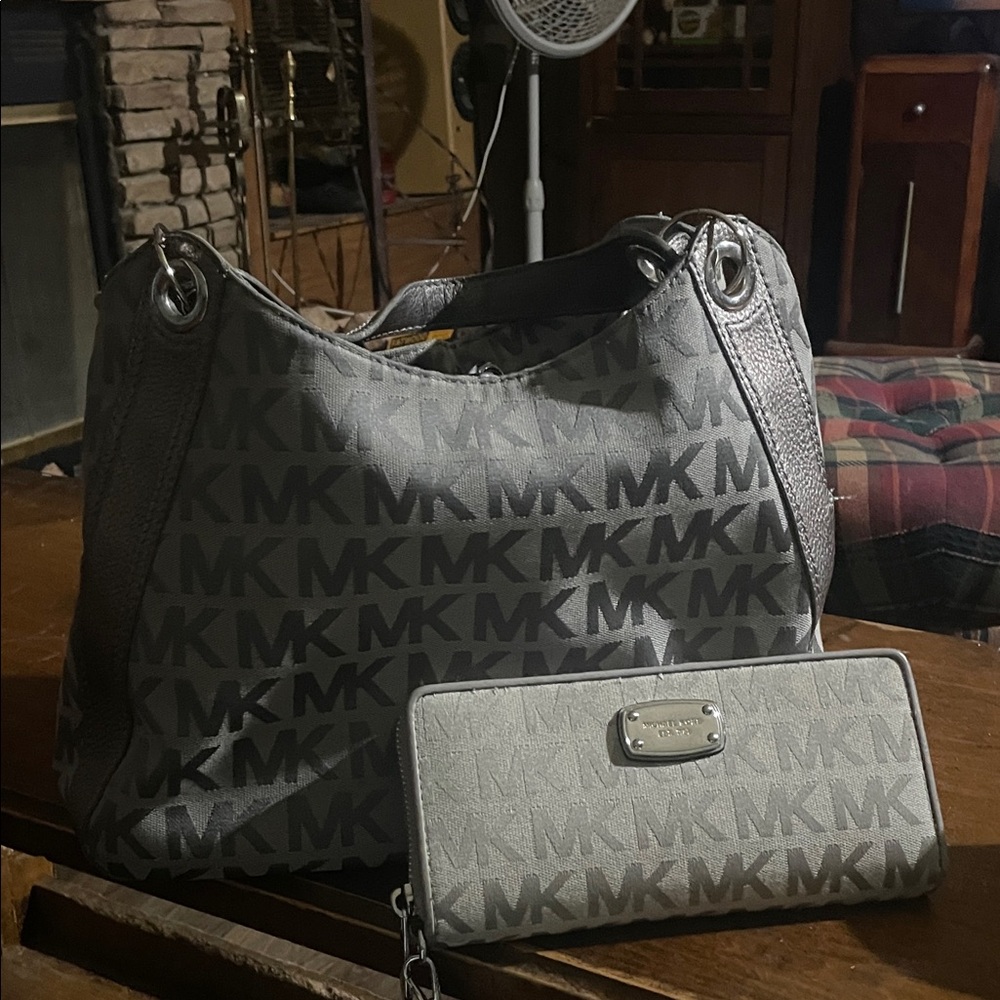 Michael Kors Black and Gray Monogram Shoulder Bag and Wallet